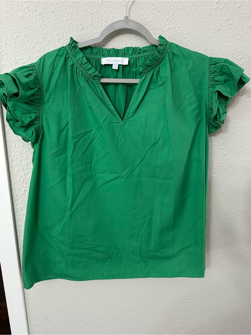 Sugarlips Emerald Green Ruffle Sleeve V-Neck Blouse